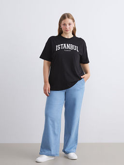 Bisiklet Yaka ?stanbul Bask?l? Kad?n Ti??rt