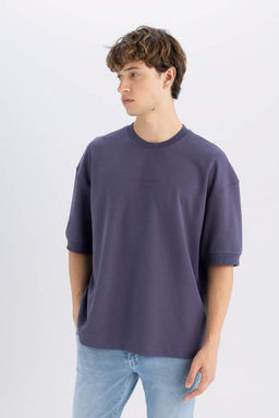 Свободная футболка из плотной ткани с круглым вырезом и принтом - Defacto фото 3