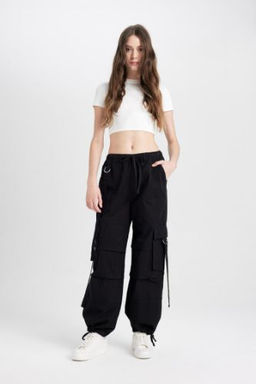Coool Wide Leg Genis Paca Normal Bel Pantolon Gabardin Basic Duz Bagc?kl? Kargo Cepli