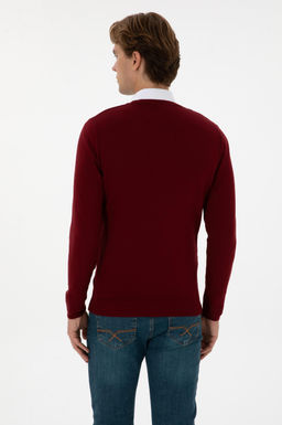 Erkek Slim Fit V Yaka Bordo Basic Kazak