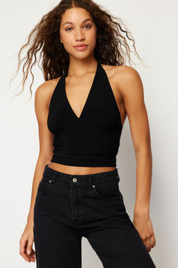 Siyah Boyundan Baglamal? Vucuda Oturan Esnek Crop Orme Bluz TWOSS24BZ00061