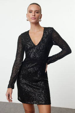 Trendyolmilla Siyah Vucuda Oturan Payet Orme K?sa S?k Abiye Gece Mezuniyet Elbisesi TPRAW25EL00140 фото 3