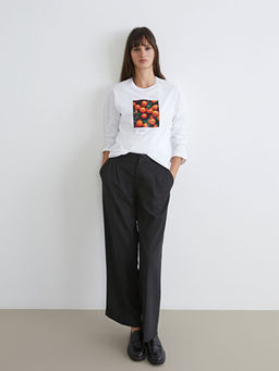 Bisiklet Yaka Bask?l? Oversize Kad?n Ti??rt