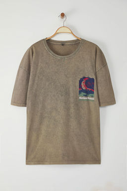 TRENDYOL MAN Buyuk Beden Vizon Orme Oversize/Genis Kesim Eskitme/Soluk Efektli %100 Pamuk T-shirt TMNSS25BF00016 - Trendyolmilla фото 3