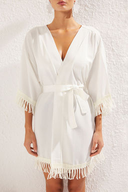 Ekru Mini Dokuma Puskullu Keten Gorunumlu Plaj Kimono&Kaftan TBESS25KM00001 - Trendyolmilla фото 3