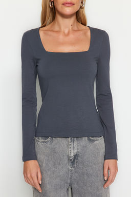 Antrasit Pamuklu Kare Yaka Regular Fit Orme Bluz TWOAW24BZ00016