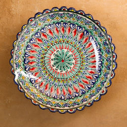 Ляган узбекский Риштанская керамика «Цветы», для плова, 32 см, рифлёный, глубокий, разноцветный