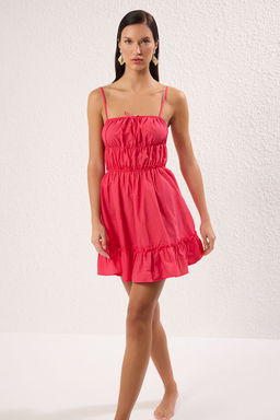 Pembe Dokuma Volanl? %100 Pamuk Plaj Mini Elbise TBESS25EL00120