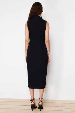 Siyah Vucudu Saran Dugme Detayl? Kruvaze Yaka Kolsuz Midi Kalem Etek Dokuma Elbise TWOSS24EL00616 - Trendyolmilla фото 5