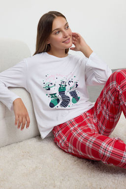 Trendyolmilla Beyaz-Cok Renkli %100 Pamuklu K?s Temal? Ekoseli Orme Pijama Tak?m? THMAW25PT00121  фото 3