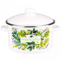 "Травы и специи" Кастрюля эмалированная 4л, цилиндрическая форма, металлическая крышка, ободок из нержавеющей стали, белый (Россия)