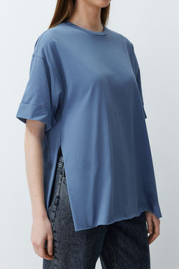 Indigo %100 Pamuk Duble Kol Asimetrik Boyfriend Orme T-Shirt TWOSS20TS0828