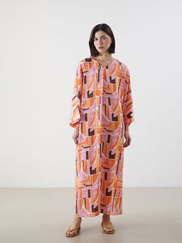 V Yaka Desenli Oversize Elbise