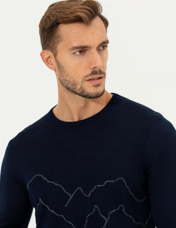 Lacivert Regular Fit Bisiklet Yaka Y_n Kar___ml_ Triko Kazak
