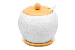 Сахарница 620 мл 12*12*12 см Веточки-цветочки+ ложка + дер.крышка на дер. подставке