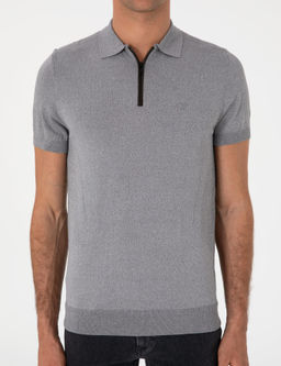 Gri Slim Fit Fermuarl_ Polo Yaka Triko T-shirt