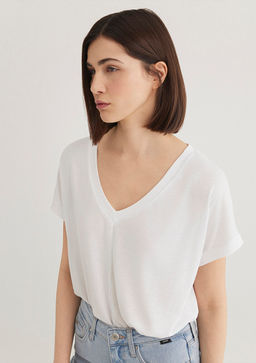 V Yaka Beyaz Basic ViskozTisort - Mavi фото 2