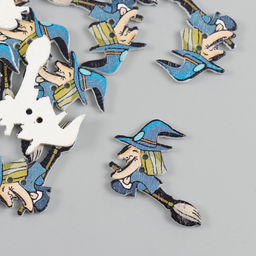 Цена за 2 шт. Пуговицы дерево для творчества 2 прокола «Ведьма на метле», набор 15 шт., 3.5×2.5 см