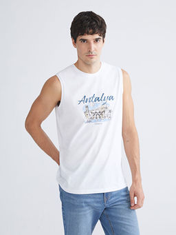 Bisiklet Yaka Bask?l? Penye Erkek Kolsuz Ti??rt