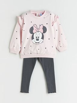 Bisiklet Yaka Minnie Mouse Bask?l? K?z Bebek Sweatshirt ve Tayt 2li
