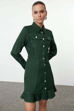 TRENDYOLMILLA Haki Dugme ve Dikis Detayl? Mini Dokuma Gomlek Elbise TWOAW23EL01424 фото 2