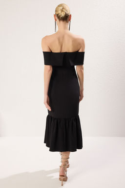 Siyah A-Kesim Carmen Yaka Fiyonklu Dokuma Midi S?k Abiye Gece Mezuiyet Elbisesi TPRSS25EL00213 - Trendyolmilla фото 5