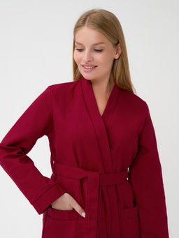 Женский вафельный халат с планкой бордовый В-02 (15)