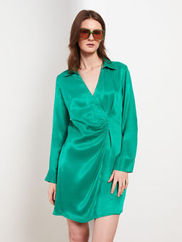 D?z Uzun Kollu Saten Kad?n G?mlek Elbise