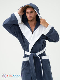 Мужской махровый халат с капюшоном с белой отделкой серый+белый МЗ-05-1 (84) - Росхалат фото 8