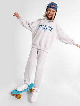 Комплект для девочек (худи, брюки) серый с печатью