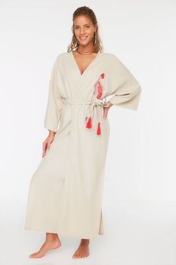 Mercan Kusakl? Maxi Dokuma Nak?sl? Keten Kar?s?ml? Plaj Kimono&Kaftan TBESS20KM0051