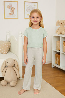 Gri Melanj K?z Cocuk Pamuklu Basic Y?rtmac Detayl? Wide Leg Orme Pantolon TKDSS25PL00016