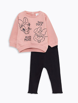 Bisiklet Yaka Uzun Kollu Minnie Mouse Bask?l? K?z Bebek Sweatshirt ve Tayt 2li Tak?m