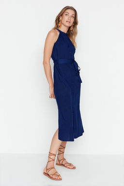 Lacivert Kusakl? Hakim Yaka Midi Dokuma Gomlek Elbise TWOSS19XM0112 - Trendyolmilla фото 3