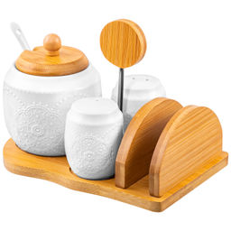 Набор - сахарница 350 мл "Жемчуг" с ложкой + солонка + перечница + салфетница на дер.подст.с ручкой