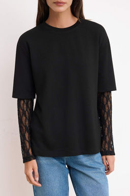 Siyah Oversize/Genis Kal?p Dusuk Kol Dantelli Uzun Kollu Soft Touch Orme T-Shirt TWOSS26TS00191 - Trendyolmilla фото 3