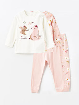 Bisiklet Yaka Uzun Kollu Bask?l? K?z Bebek Pijama Tak?m? 2li