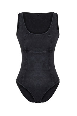 TRENDYOLMILLA Siyah Eskitme/Soluk Efektli Pamuklu Esnek Havuz Yaka Esnek C?tc?tl? Orme Body TWOSS24BD00002  фото 7