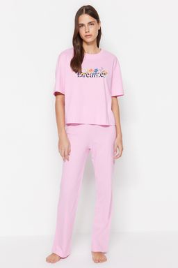Trendyolmilla Lila %100 Pamuklu Eglenceli Bask?l? T-shirt-Pantolon Orme Pijama Tak?m? THMSS23PT00134  фото 44