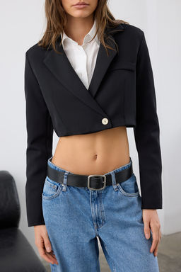 Siyah Crop Astarl? Dokuma Blazer Ceket TWOAW22CE0086