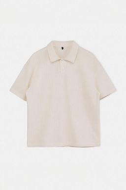Ekru Oversize/Genis Kesim Dokulu Polo Yaka T-shirt TMNSS26PO00007