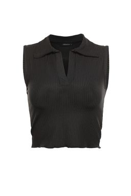 Siyah Fitted/Vucuda Oturan Polo Yaka Crop Esnek Orme Bluz TWOSS22BZ0335
