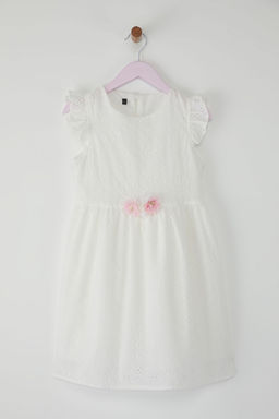 Somon Pamuklu F?rf?rl? Cicek Detayl? Mini K?sa Kol K?z Cocuk Dokuma Elbise TKDSS25EL00034 - Trendyolmilla фото 4