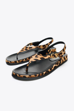 ANIMAL PRINT LEATHER AND SHEEPSKIN SANDALS - Zara фото 14