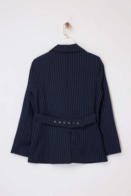 Lacivert Cizgili S?rt? Kemer Detayl? Dokuma Astarl? Vatkal? Blazer Ceket TWOSS26BC00002 - Trendyolmilla фото 2