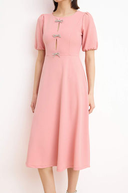 Ac?k Pembe Duz Etegi Belden Ac?lan Fiyonklu Orme Finike Midi Astars?z S?k/Gece Elbise