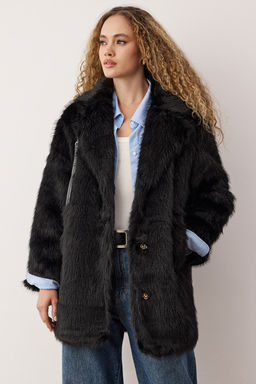 Siyah Kurklu Mono Kapama Oversize Midi Kaban TWOAW26KB00006