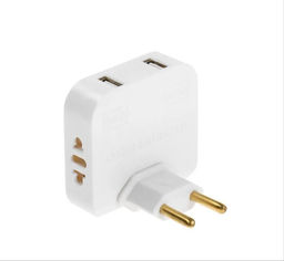 Тройник плоский, поворотный, 2 розетки, 10А, 2 USB, без з/к, белый
