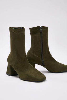 Haki Suet Strec Fermuarl? Kad?n 7 cm Blok Topuklu Bot TAKAW26BO00002