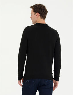 Siyah Slim Fit Polo Yaka Basic Triko Kazak